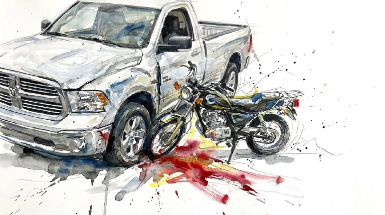 An abstract, flat graphic with comic-style borders. A woman on a two-wheeled vehicle is struck from behind by a white pickup. The pickup then drives away. The visual conveys a respectful, somber tone without graphic detail.