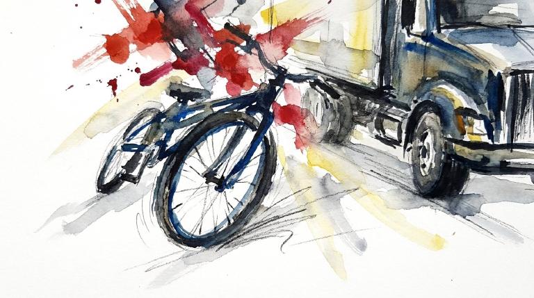 An abstract, flat graphic in comic-style borders depicts the aftermath of a multi-vehicle crash. A bicyclist and a Hyundai are present near a BMW, which is shown leaving the scene. The artwork conveys a serious tone respectfully.