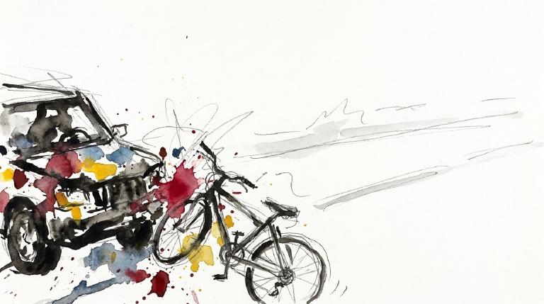 An abstract graphic shows a dark car shape and a lighter bicycle shape close together on a flat road. The simple design has thick, comic-style borders. The overall visual tone is stark and serious.