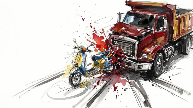 An abstract, flat graphic with comic borders shows a red dump truck turning right onto Pacific St. A scooter rider, heading north on Franklin Ave, is centrally positioned near the truck, conveying an intersection collision with respectful, non-graphi