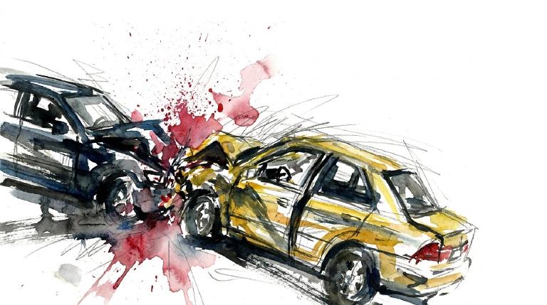 An abstract, flat graphic shows two simple sedan shapes overlapping at an intersection, depicting a collision. The scene is rendered with flat colors and bold, comic-style outlines, conveying a somber tone for the traffic incident.