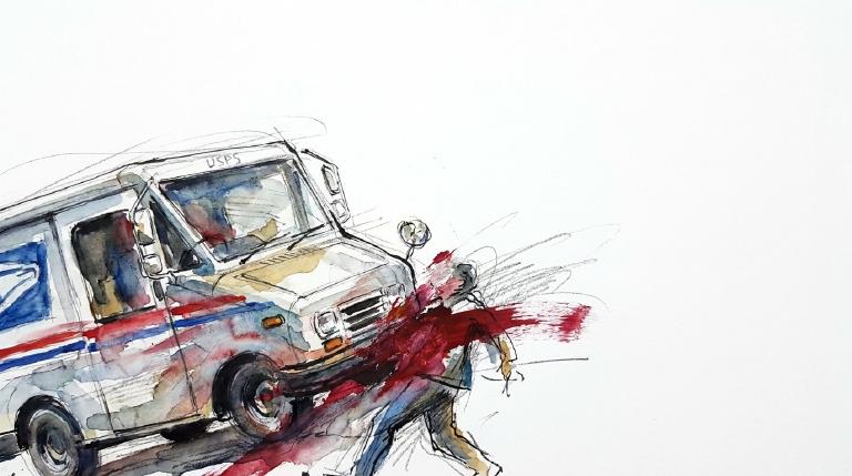 A stylized USPS truck and a simplified pedestrian figure are on a street, framed by comic-style borders. The abstract graphic portrays a solemn, non-graphic aftermath of a hit-and-run crash between a truck and a person crossing.