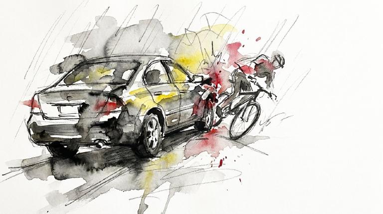 An abstract, flat graphic shows a vehicle backing into a bicycle on a street, with stark lines indicating collision. Thick, black comic-style borders frame the scene, emphasizing the abrupt and serious nature of the incident.