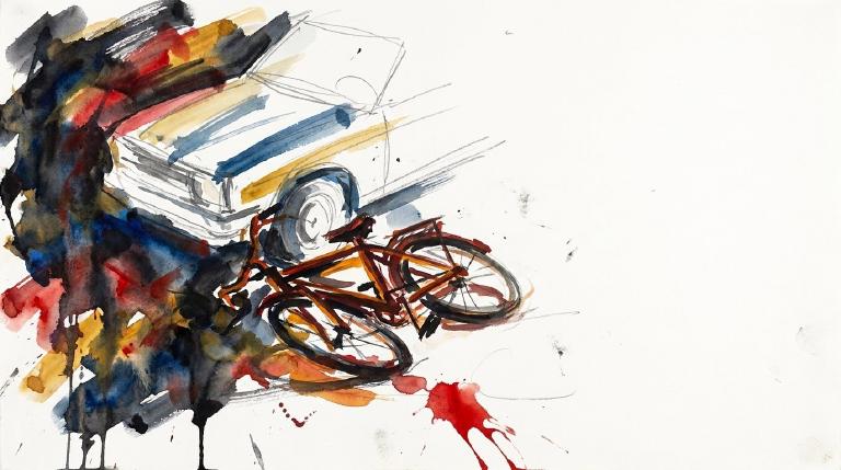 Abstract, flat graphic depicting a gray car colliding with a blue bicycle. Both are outlined with thick, comic-style black borders. Jagged yellow lines radiate from the impact point, creating a stark, cautionary scene.