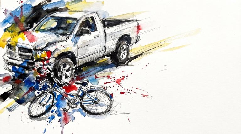 An abstract, flat graphic with a respectful, somber tone. A white pickup is depicted moving away from a bicycle on a street, illustrating a hit-and-run collision involving a driver and a cyclist. The composition uses minimal, clean lines.