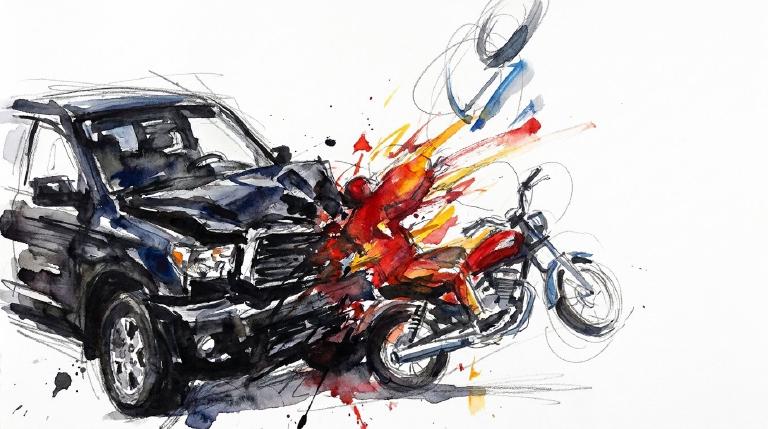 A stark, flat graphic shows a motorcycle beneath a larger SUV. A red starburst marks their collision point. The somber visual highlights the critical need for safer streets to protect those outside cars.