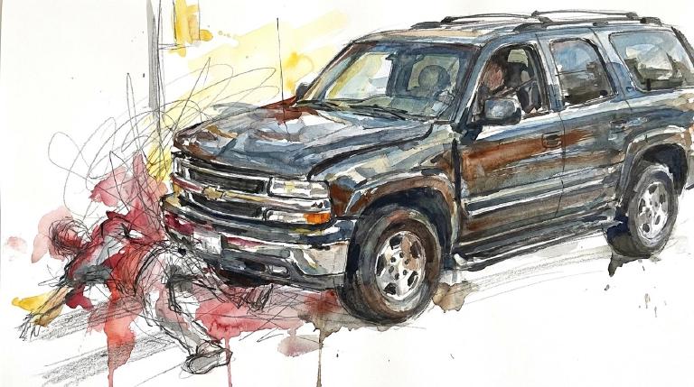 An abstract, flat graphic with comic-style borders. At a crosswalk, simple shapes of a vehicle and pedestrian overlap sharply, denoting a collision. The stark design and implied impact convey a serious, cautionary tone about driver negligence.