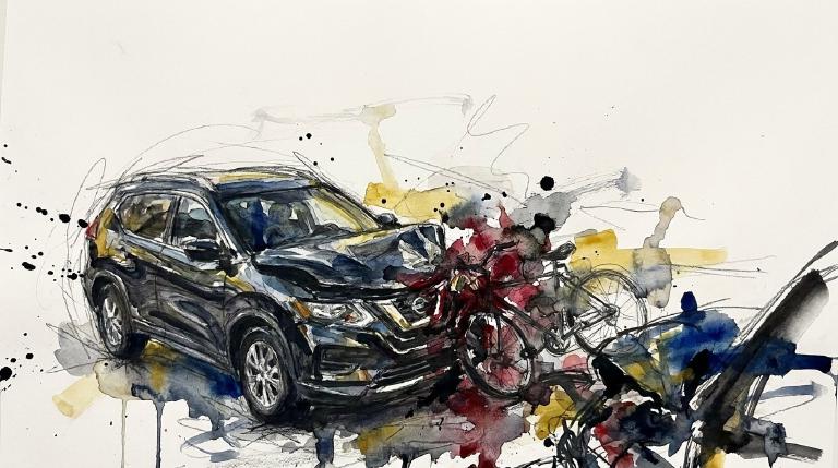 An abstract, flat graphic within a comic-style border shows a red car crashing into a blue cyclist, highlighted by a stark yellow starburst. The scene conveys a serious and jarring tone of collision and injury.