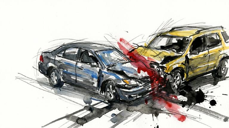 An abstract, flat graphic shows two bold, geometric forms colliding centrally, with burst lines radiating from the impact point. Thick, black comic-style borders frame the urgent scene.