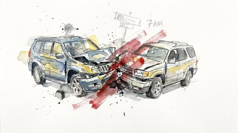 Abstract, flat graphic: Two simplified cars are depicted overlapping in a collision, with white jagged lines bursting from the impact point. A bold, comic-style border frames the scene, conveying a stark and sudden accident.