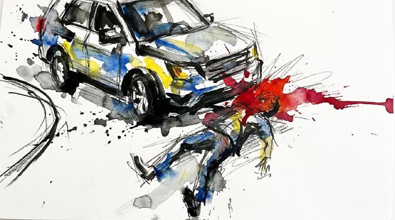 An abstract, flat graphic framed by a bold, comic-style border. On a light gray intersection, a yellow car turns left towards a blue human silhouette. A small red starburst indicates impact. The scene is clean and diagrammatic.