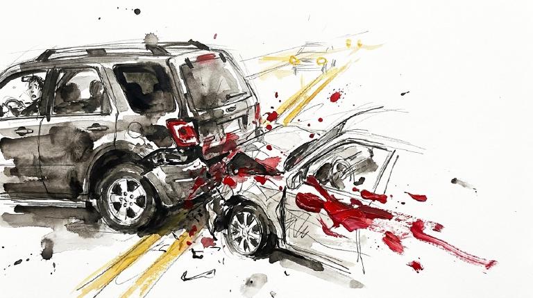 Abstract, flat graphic framed by comic-style borders. Two simplified cars, one rear-ending the other with stark impact on a dark highway. The scene evokes a somber, impactful hit-and-run.