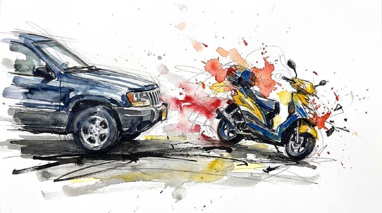 An abstract, flat graphic shows two simple car shapes colliding at the center, marked by jagged lines and a jarring burst. A bold, comic-style border frames the scene, conveying the sudden impact and danger of inattention.