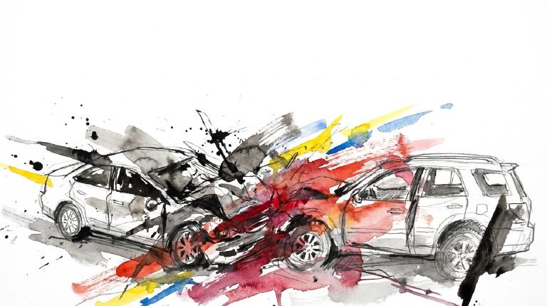 Flat, abstract graphic with a bold, comic-style border. Two simple, box-like cars on a road; one angles sharply into the other with dashed lines showing a sudden swerve. Bright, jagged lines mark the collision. The scene is stark, depicting a traffic