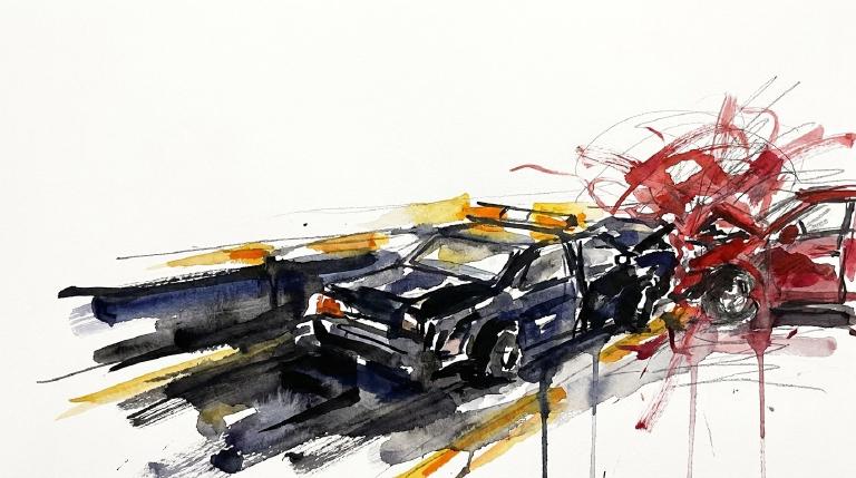 An abstract, flat graphic with bold, comic-style outlines. A dark, simplified car shows a visible impact. Adjacent is a person icon with a highlighted leg, indicating injury. The scene conveys a somber, cautionary mood.