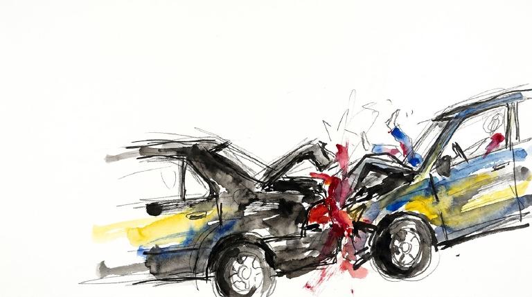 Abstract, flat graphic: A dark car rear-ends a lighter one on a highway. Simple shapes and muted tones suggest an impact before dawn. The stark, cautionary image is framed by a comic-style border.