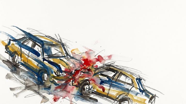 An abstract, flat graphic depicts two minimalist car shapes intersecting, implying a collision. Jagged impact lines emanate from their point of contact. The scene is enclosed in a bold, comic-book panel border, giving it a cautionary, illustrative to