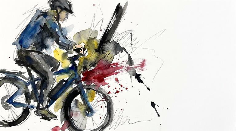 Abstract, flat graphic with thick comic borders. Two stylized figures, one on an e-bike, are shown colliding on a simple street. Dynamic lines and overlapping shapes emphasize the impact. The tone is cautionary and serious.