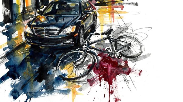 An abstract, flat graphic shows a gray car colliding with a fallen cyclist and their bike. A red mark indicates injury. Comic-style borders frame the concerning scene.