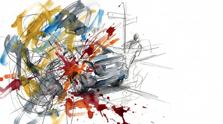 Abstract flat graphic: Two simple cars, one hitting the other, on a street. Swirling lines around the rear car suggest discomfort. The scene has a stark, somber tone, framed by comic-style borders.
