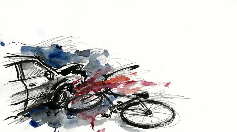 An abstract, flat graphic, framed with comic-style borders. A black sedan in a U-turn collides with a straight-moving cyclist on a dark street. The stark imagery conveys a serious incident.