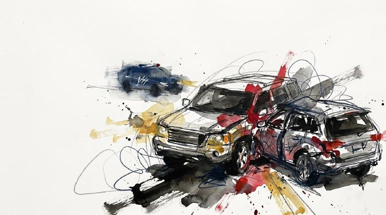 A flat, abstract graphic with distinct comic-style borders. Two simplified car shapes are depicted on a road, one clearly striking the other, surrounded by impact lines. The scene conveys the sudden, jarring nature of a traffic incident.