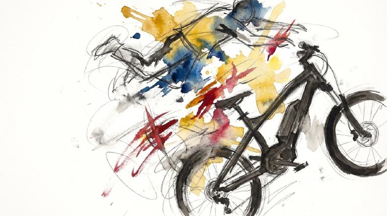 Abstract, flat graphic with thick, comic-style borders. Two simplified figures and an e-bike are depicted askew on a pavement-like surface. One figure is down and appears more significantly impacted, illustrating the varying consequences of a crash.