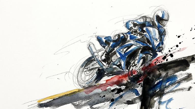 Abstract graphic with comic borders. A flat, stylized motorcycle is shown on a road ramp, with an abstract sewer grate nearby. The motorcycle veers, implying a loss of control, heading towards a barrier wall. The tone is somber.