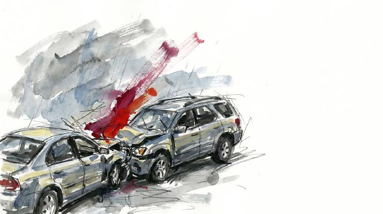 Two stylized, flat cars collide at an intersection, framed by comic-style borders. The abstract graphic depicts a car accident caused by distraction, with a serious and cautionary tone.