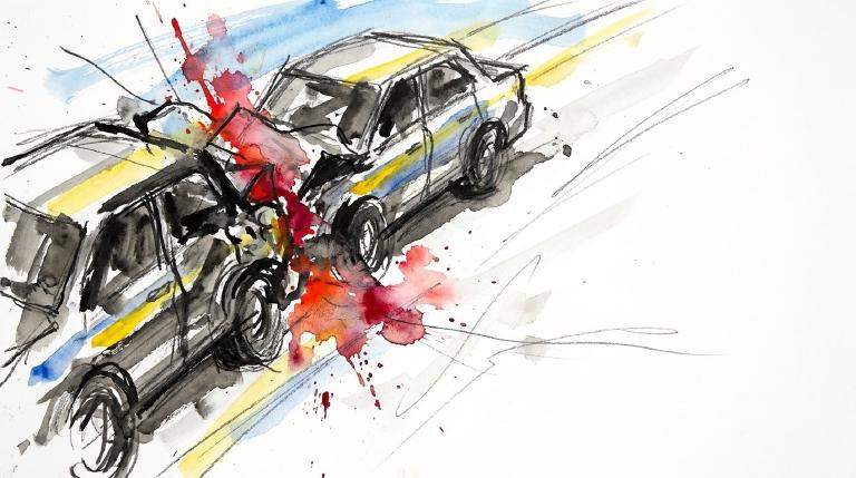An abstract, flat graphic with comic-style borders shows two simple cars in a rear-end crash. Jagged lines indicate impact. A wavy line represents whiplash injury. The tone is serious.