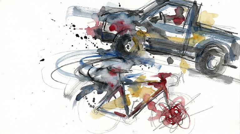 An abstract, flat graphic shows a blue car turning left, intersecting with a red bicycle on a grey road. A bright yellow starburst marks the collision point. The scene is depicted with thick black comic-style outlines, giving it a serious, impactful 