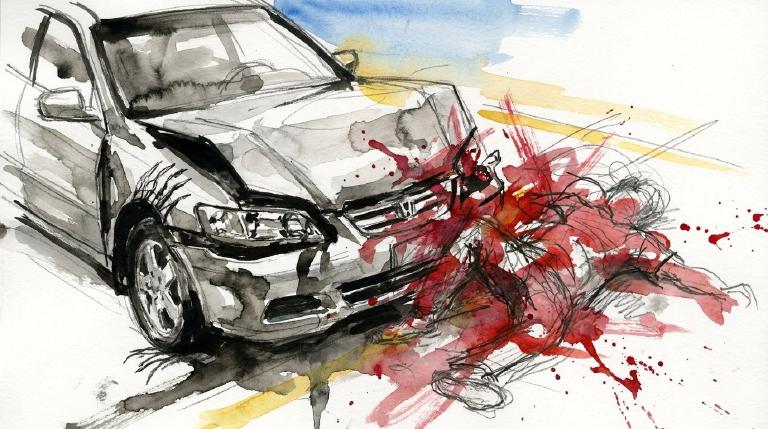 Abstract, flat graphic showing a stylized red car with blur lines speeding towards a small, unmoving person icon on a gray street. Sharp, yellow impact lines radiate from the scene, emphasizing danger. The graphic has a thick, comic-book style border
