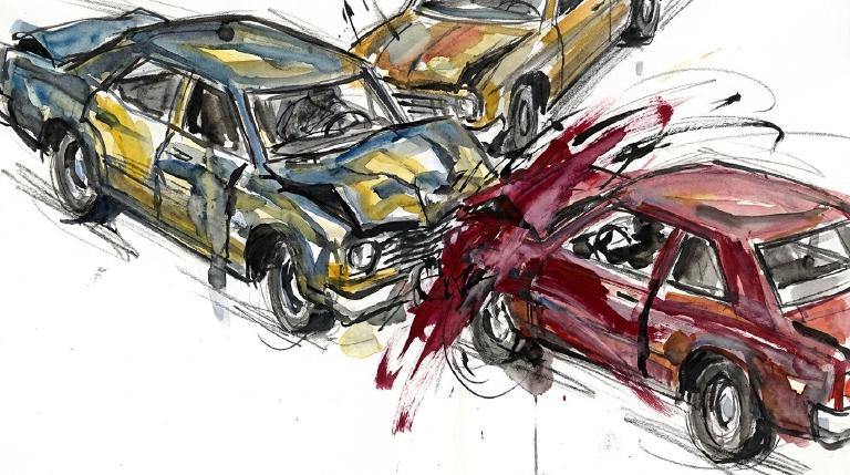 Here are a few options, choose the one that best fits the graphic's exact details:

**Option 1 (General, stark):**
Abstract, flat graphic of two simplified cars in a jarring collision. One car's front has impacted the side of another. Stark lines and