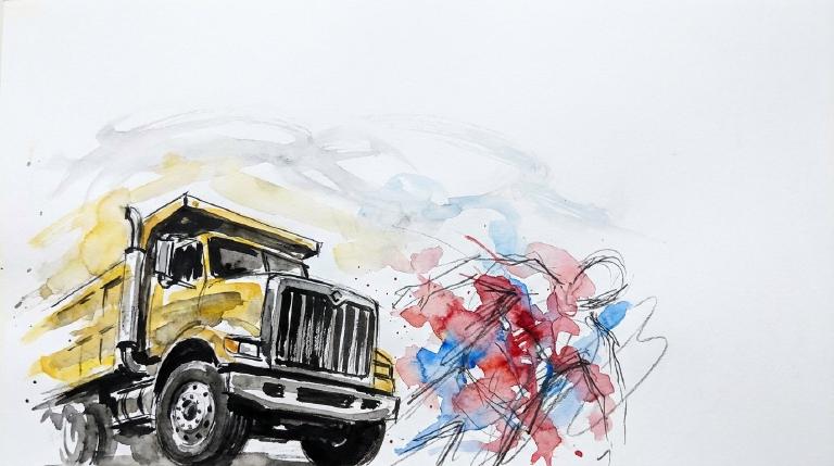 Abstract flat graphic, comic-bordered. A stark, minimalist morning street scene. A large dark vehicle looms over a small, unmoving human shape on a grey road. The visual conveys a grim, fatal impact.