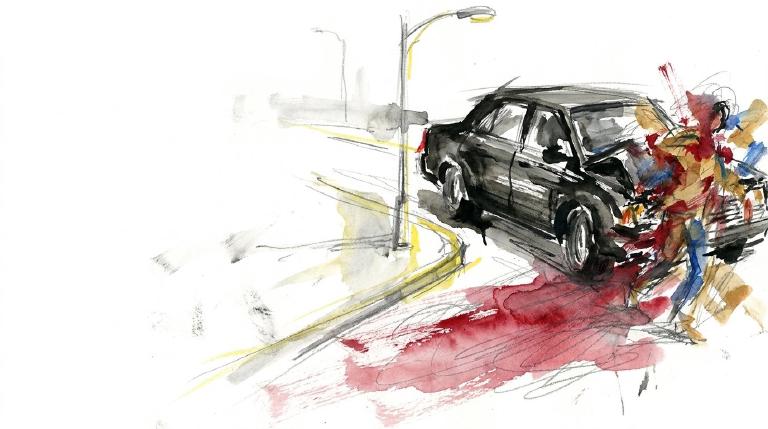 A flat, abstract graphic framed by a bold comic-style border. A grey car silhouette backs into a white human figure. Bright red lines erupt from the impact point, conveying a stark, urgent sense of collision.