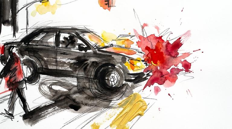 An abstract, flat graphic in a comic-style border shows a yellow car turning left towards a walking pedestrian. The stark, minimalist scene depicts an imminent collision at an intersection, conveying urgency.