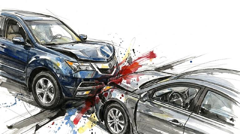 An abstract, flat graphic depicts two stylized cars, an SUV and a sedan, colliding at an intersection. Bold comic-style borders frame the scene, emphasizing the impact. The tone is serious but simplified.