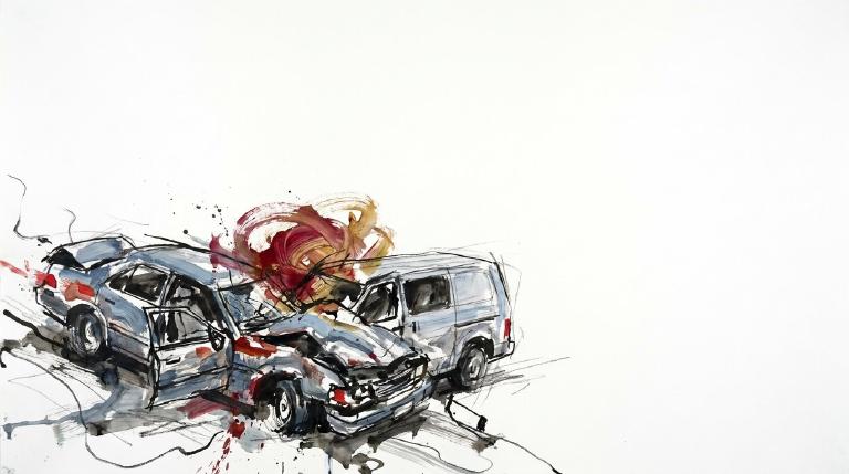An abstract, flat graphic within comic-style borders depicts a rear-end collision. Two simplified cars are shown on a road, the rear car very close to the front, with impact lines indicating a crash. The tone is clean and illustrative.