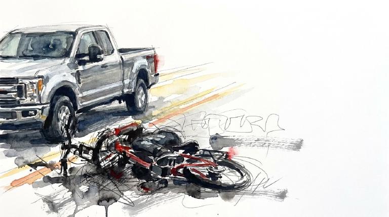 Abstract, flat graphic with comic-style borders. A white pickup's abstract shape departs from a stationary e-bike's shape on a flat road. Faint lines mark impact and the pickup's escape. The scene is respectful and somber.