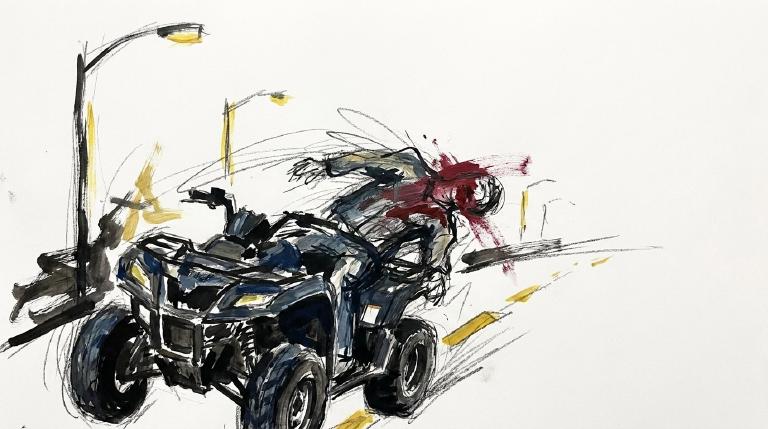 Abstract graphic shows a stylized ATV hitting a pedestrian on a dark road. Jagged lines emphasize aggressive driving and impact. The urgent, dangerous scene is framed by a thick, comic-style border.