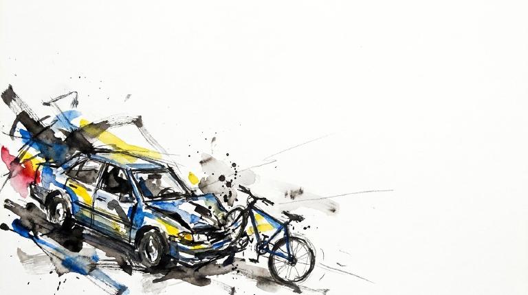 Abstract graphic with a stark, serious tone. Two flat, stylized shapes, one large (vehicle) and one small (bicycle), appear in an imminent collision, framed by a bold, comic-style border. Emphasizes danger and impact.