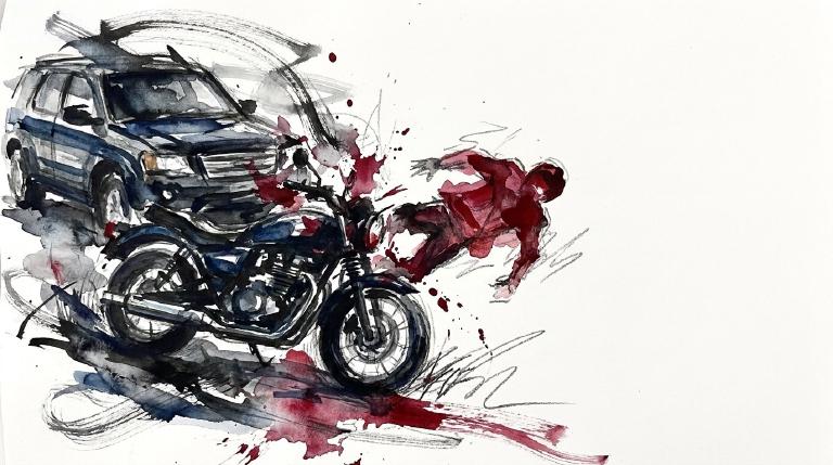 Abstract, flat illustration: A simplified red motorcycle crashes into a black SUV, marked by burst lines. A small, stylized figure is thrown from the bike. The grave scene is framed with a bold, comic-style border.